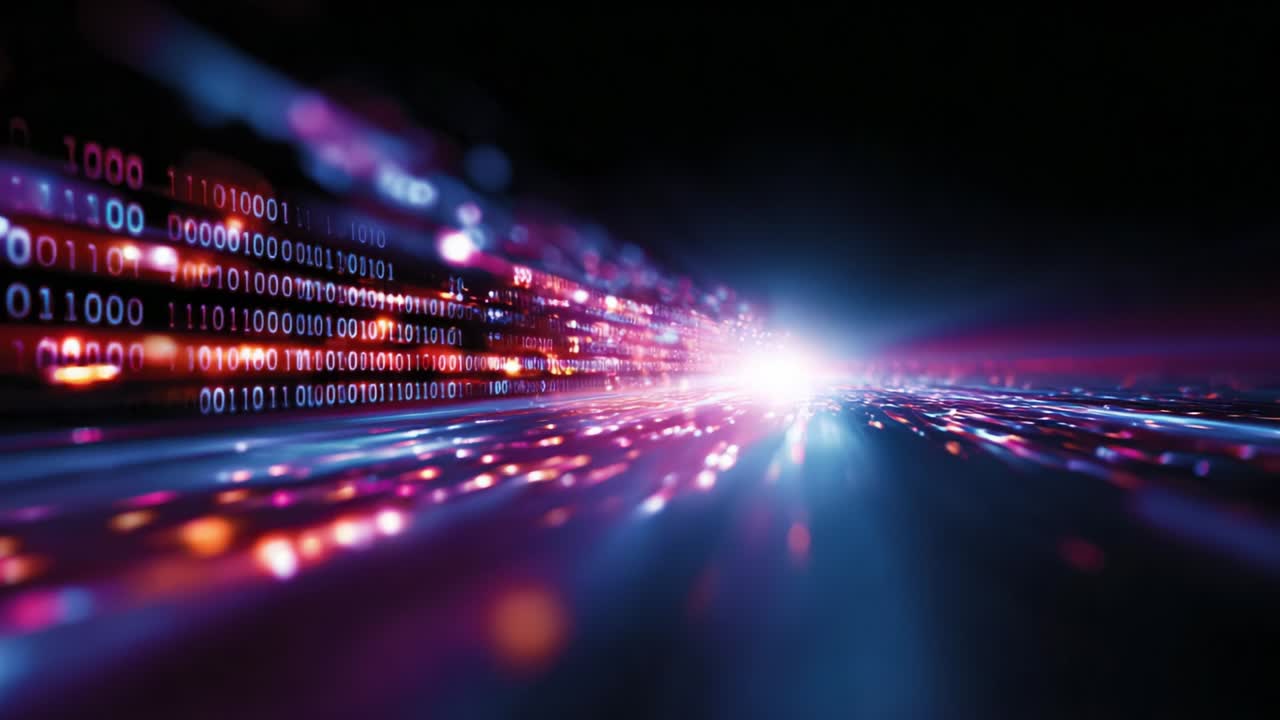A captivating visual journey through the dynamic world of digital data, showcasing vibrant light trails and binary code that symbolize technology, innovation, and the essence of modern computing