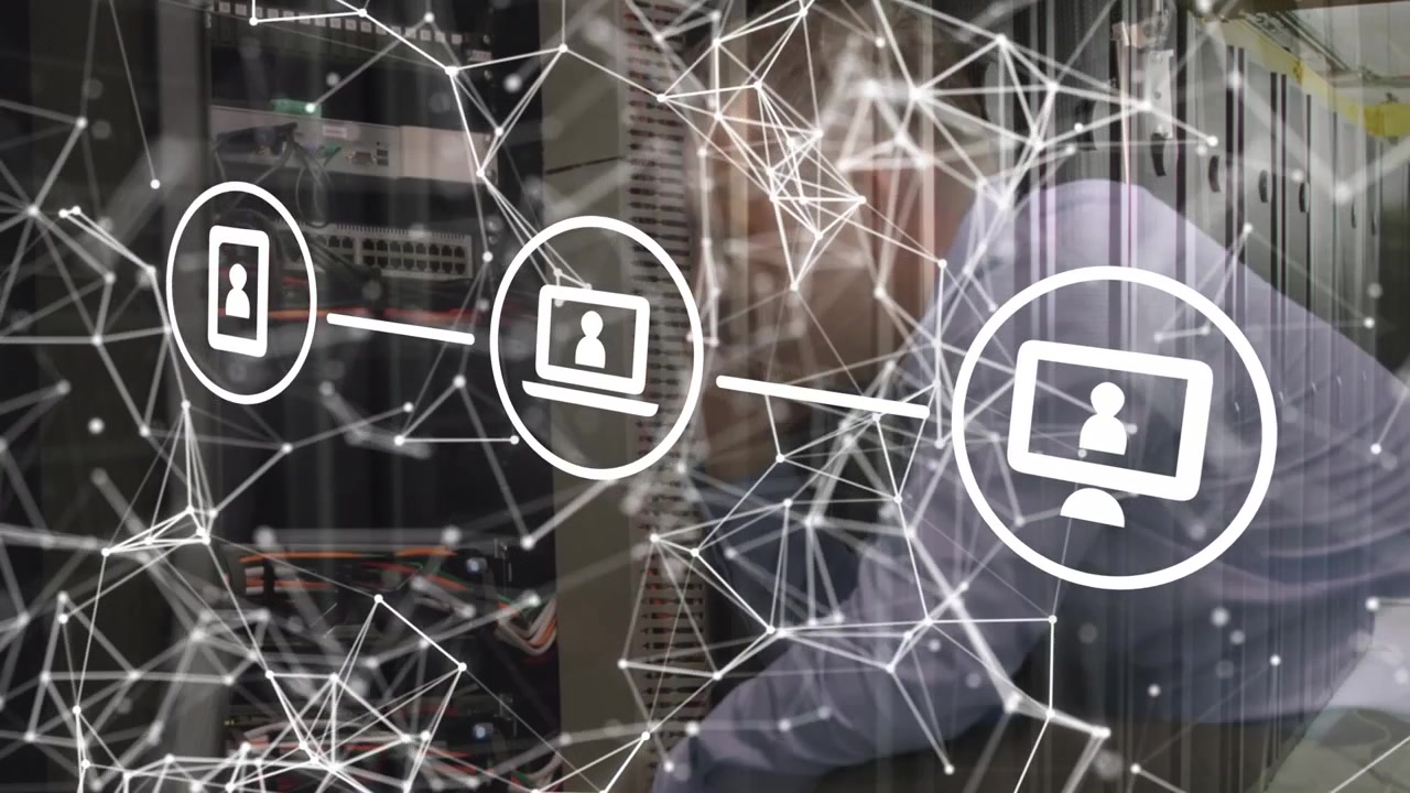 Animation of network of connections with icons and close over business people