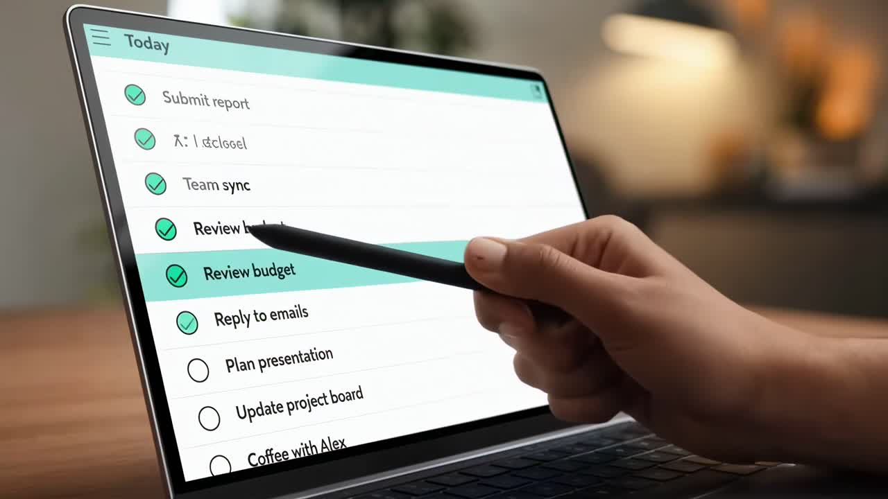 Close-up video of a hand using a stylus on a laptop screen, angled from the side