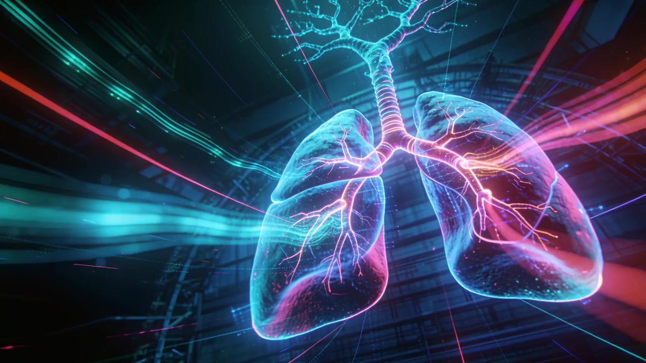 Polmoni 3D animati che pulsano in laboratorio con flussi rosso-verde acqua che guidano il flusso, visualizzando trachea e bronchi.