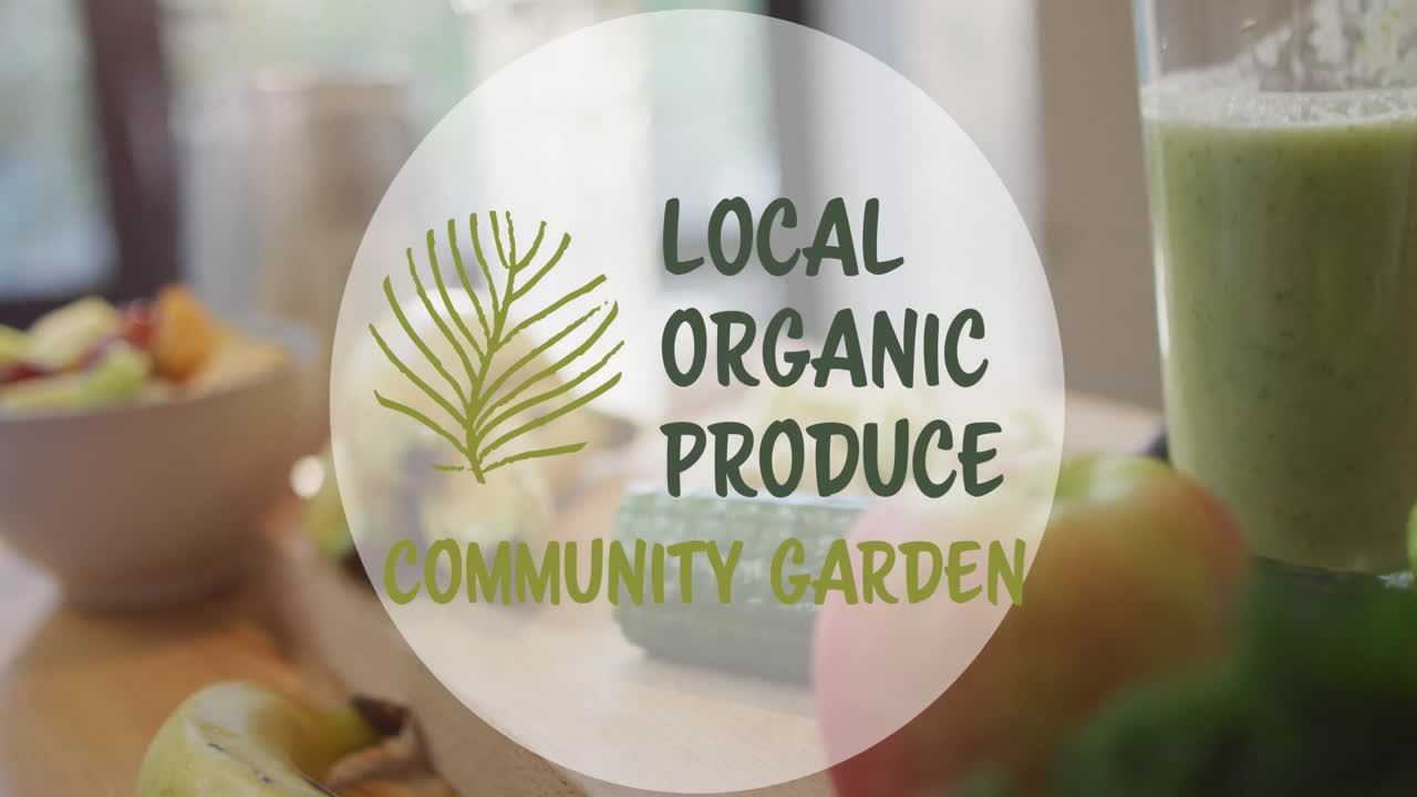 신선한 음식과 함께 유기농 제품 텍스트의 애니메이션