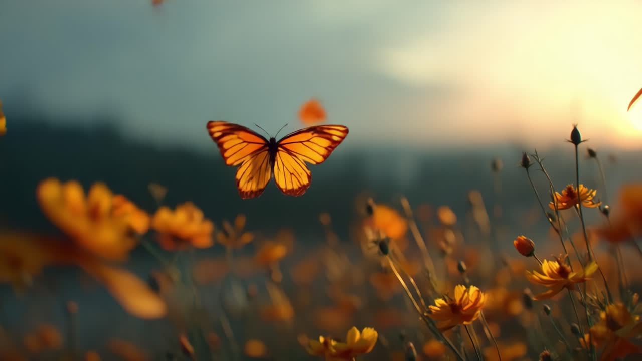 A Beautiful Scene of Butterflies Taking Flight Amidst Vibrant Yellow Flowers at Sunset, Capturing the Essence of Nature's Splendor and the Wonder of Life