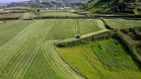 Tractor-Cosechando-Campo-Verde-En-El-Campo-De-Azores,-Vista-Aérea