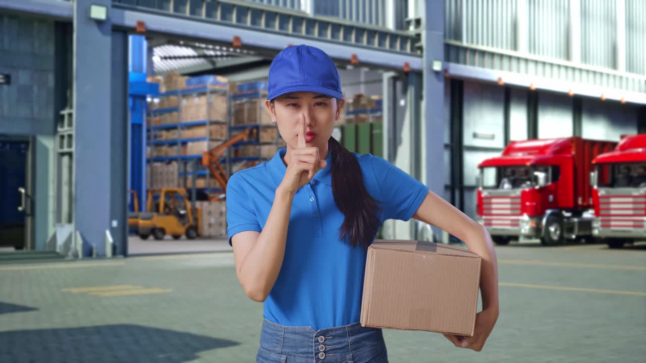 Entregadora asiática em uniforme azul fazendo um gesto de silêncio e balançando a cabeça enquanto entrega uma caixa de papelão, do lado de fora do armazém