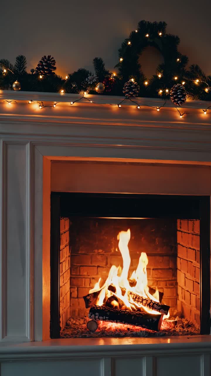 Cozy fireplace with festive garland, captured from a straight-on angle