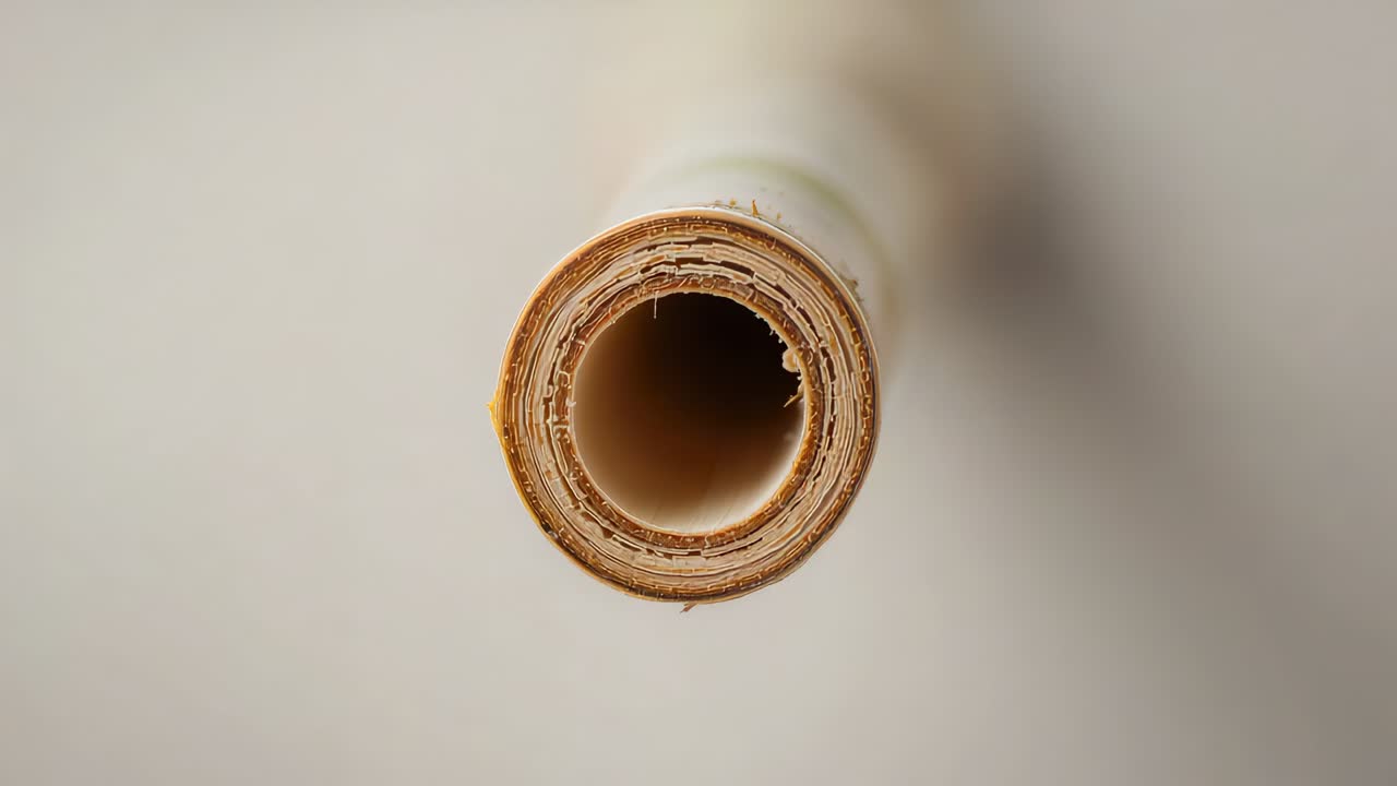 Advancing frames, camera revealing paper tube in studio, showing frayed rim and adhesive bead