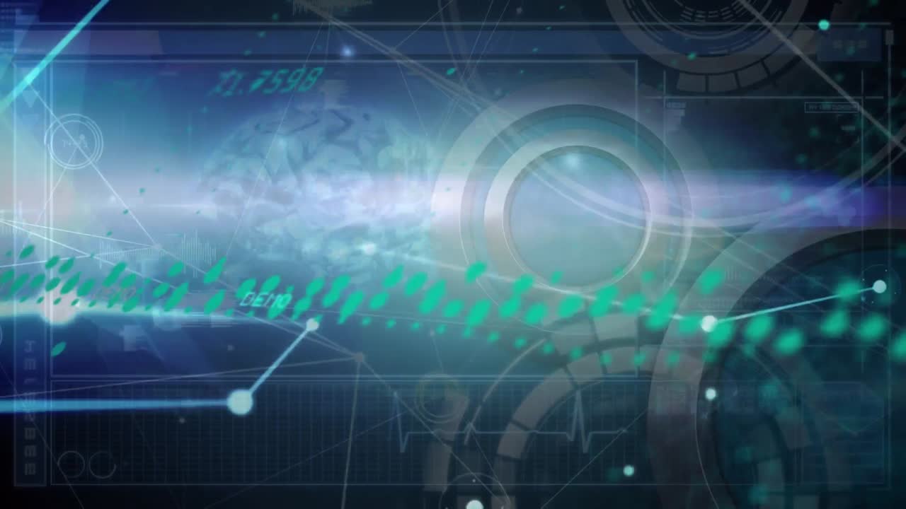 파란색 바탕에 연결된 그래프와 과학적 데이터의 애니메이션