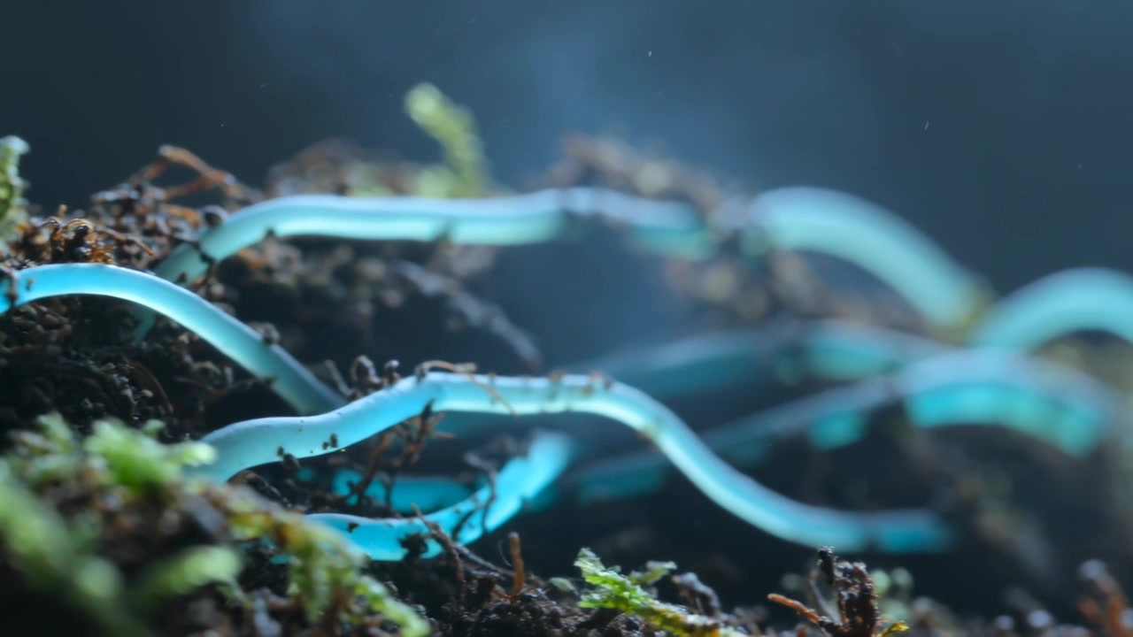 Menggeser fokus dan mendorong kamera menampakkan lengkungan tubular biru yang naik turun di terarium berlumut