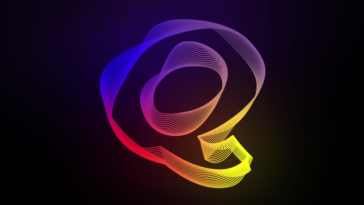 3D Letter Q swirling lines animation on dark gradient background abstract dynamic motion graphics particle glow typography visual effect rainbow digital alphabet
