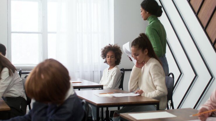 Professor e alunos na escola
