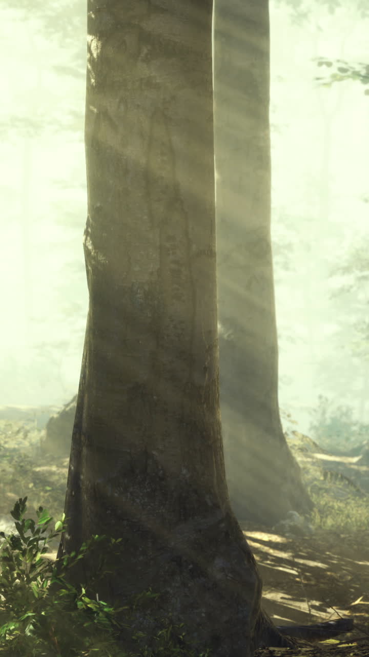 Light filters through a quiet forest creating a serene landscape at dawn