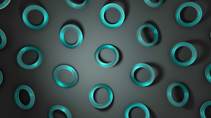 3D turquoise glass torus rotating on dark surface. Abstract creative 4k seamless loop animation.