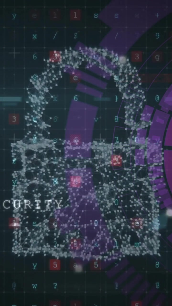 Animation of digital data processing and padlock on dark background