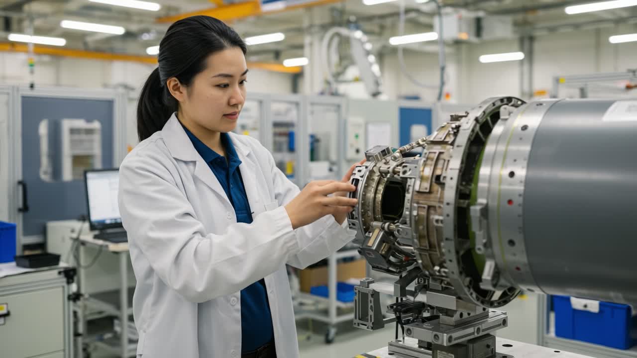 Female engineer meticulously examines and adjusts a complex turbine engine component in a modern aerospace facility, showcasing dedication and precision in her work