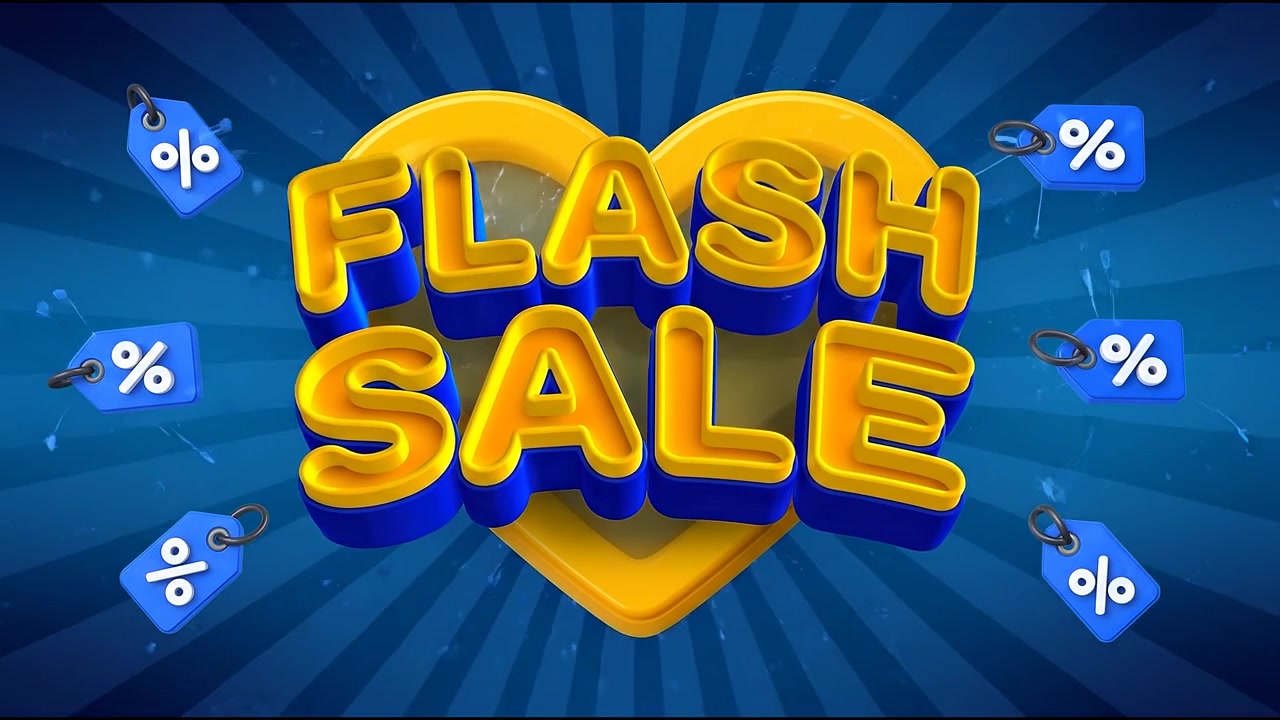 Promozione Animata di Saldi Lampo con Icona a Cuore ed Etichette di Sconto