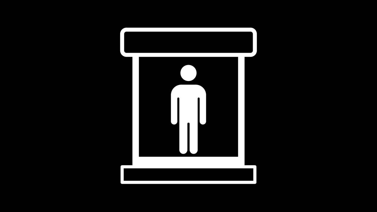 Icona di scanner corporeo maschile che mostra un'animazione di un gate per la scansione completa del corpo, isolata su sfondo nero