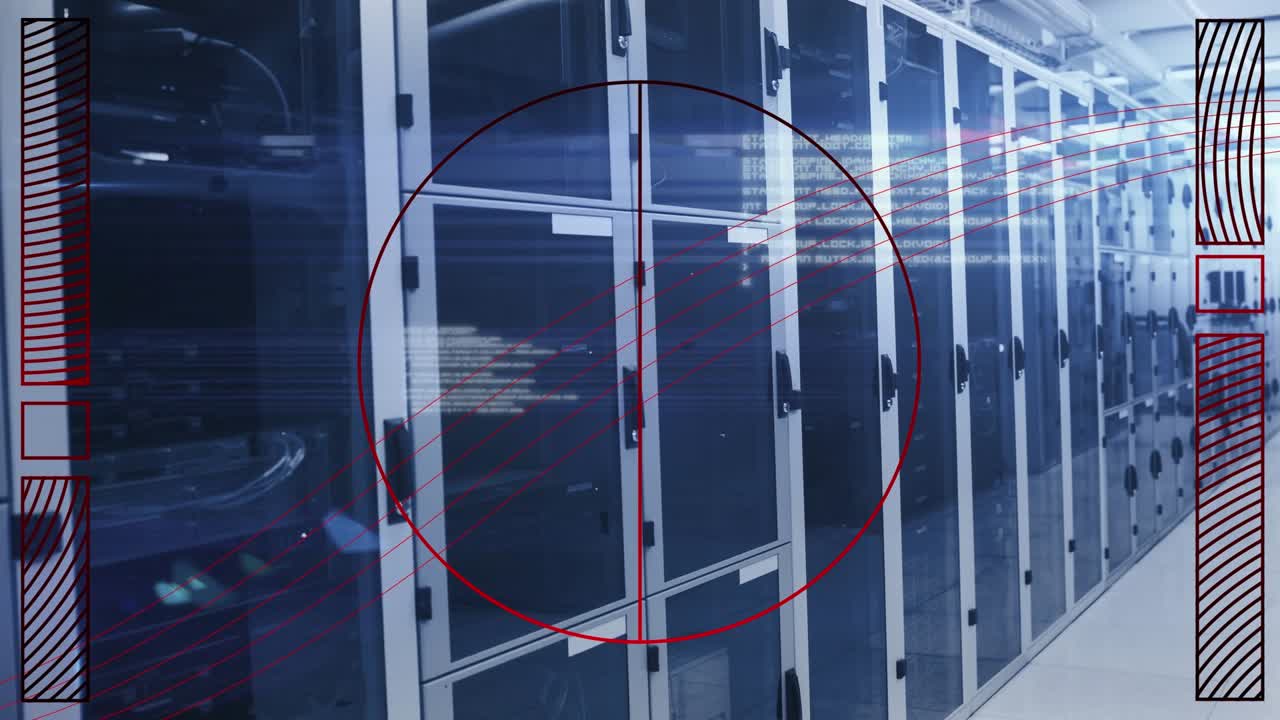 Animation of abstract shapes and data processing against computer server room