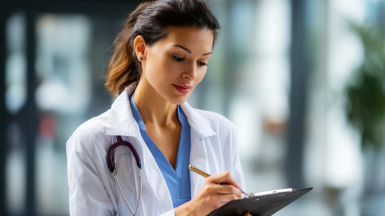 Un operatore sanitario professionale che prende appunti con attenzione su un blocco appunti, incarnando l'essenza della dedizione e della cura in campo medico, mentre si trova in un ambiente sanitario moderno e ben illuminato.