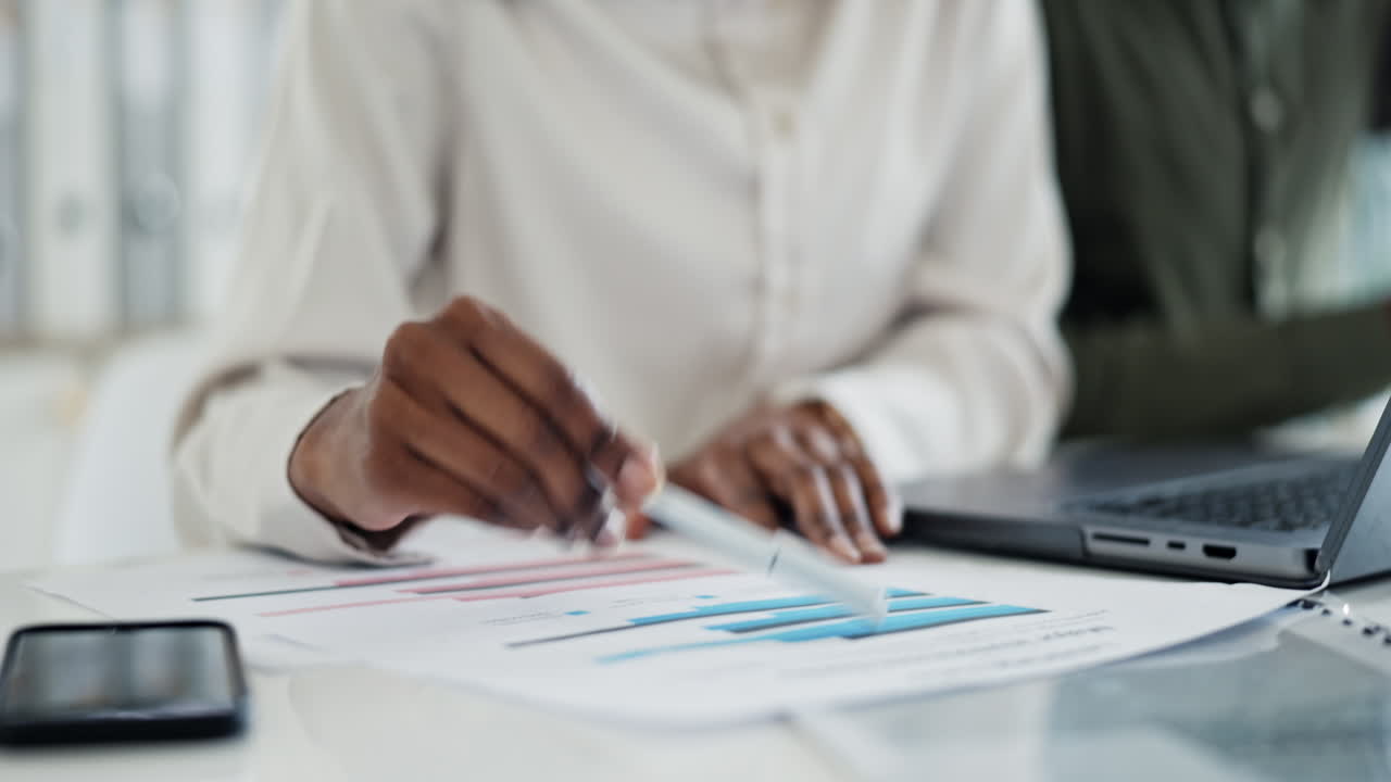 Office laptop, pen and thinking black woman