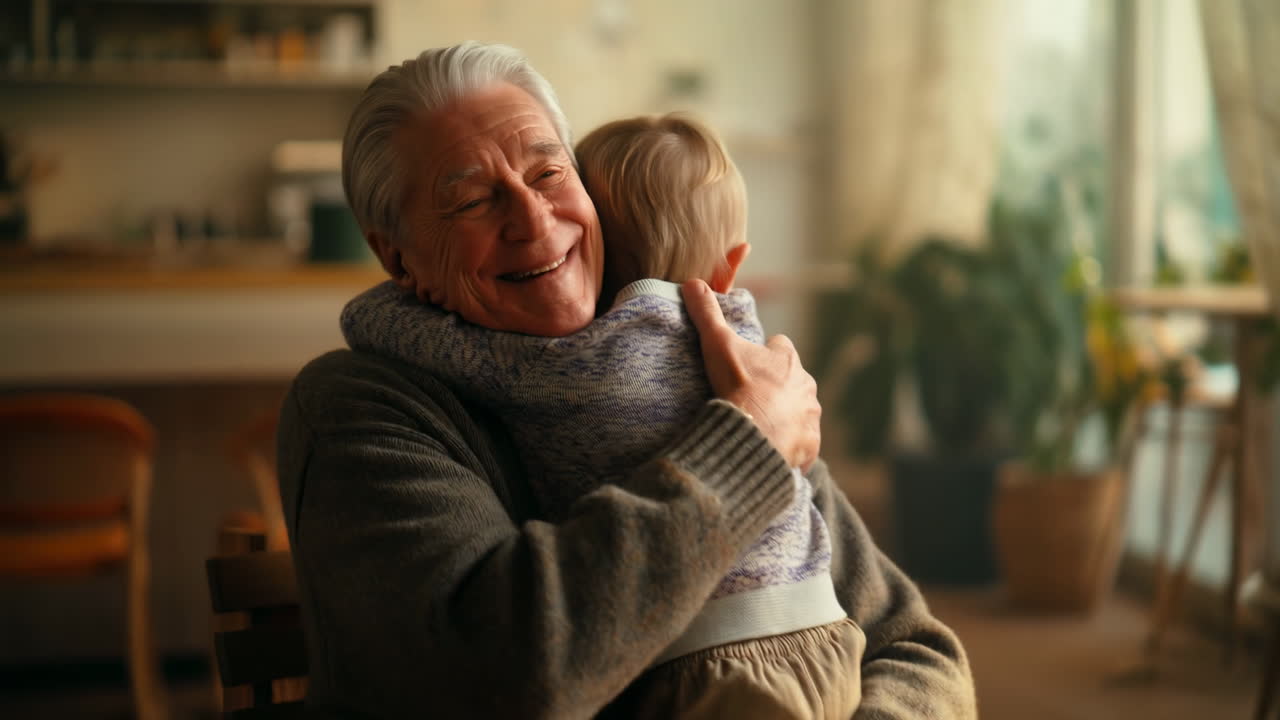 Nonno bianco che abbraccia un bambino piccolo in cucina, condividendo una gioiosa mattinata davanti al caffè, luce calda e dorata, maglieria soffice.