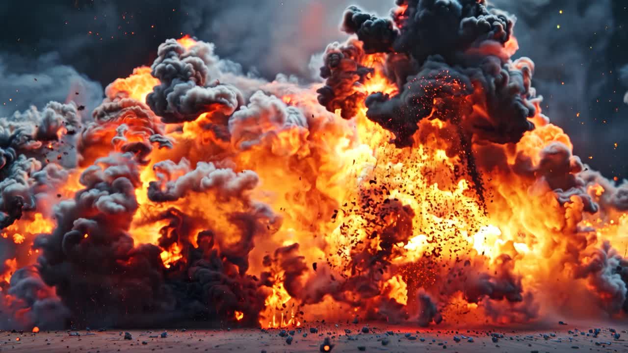 A large explosion is depicted in the image, with a lot of smoke and debris flying everywhere. The scene is intense and chaotic, with the explosion causing destruction and chaos in its wake