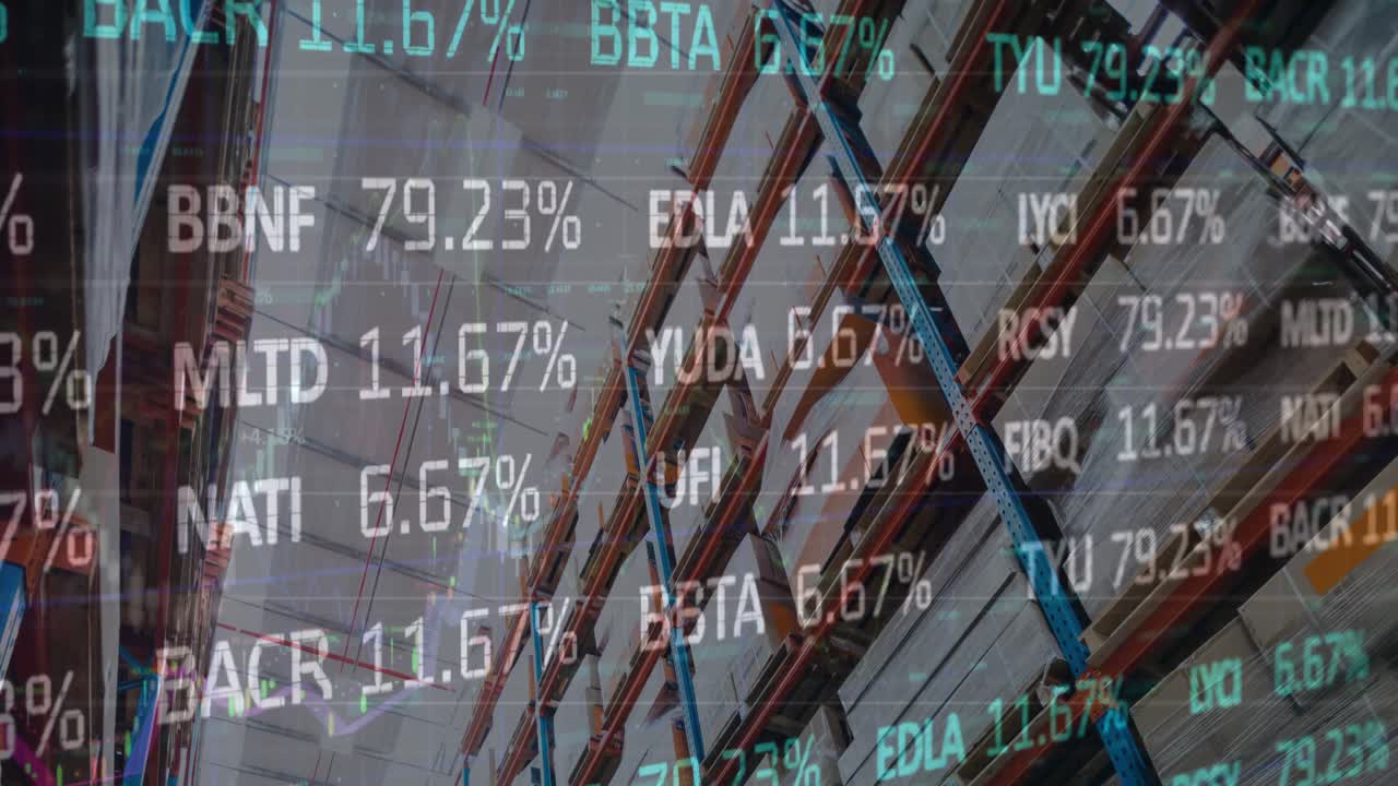 Animation von Börsen- und Finanzdatenverarbeitung über einer leeren Lagerhalle
