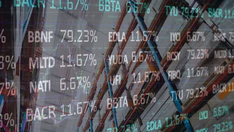 animation of stock market and financial data processing over empty warehouse