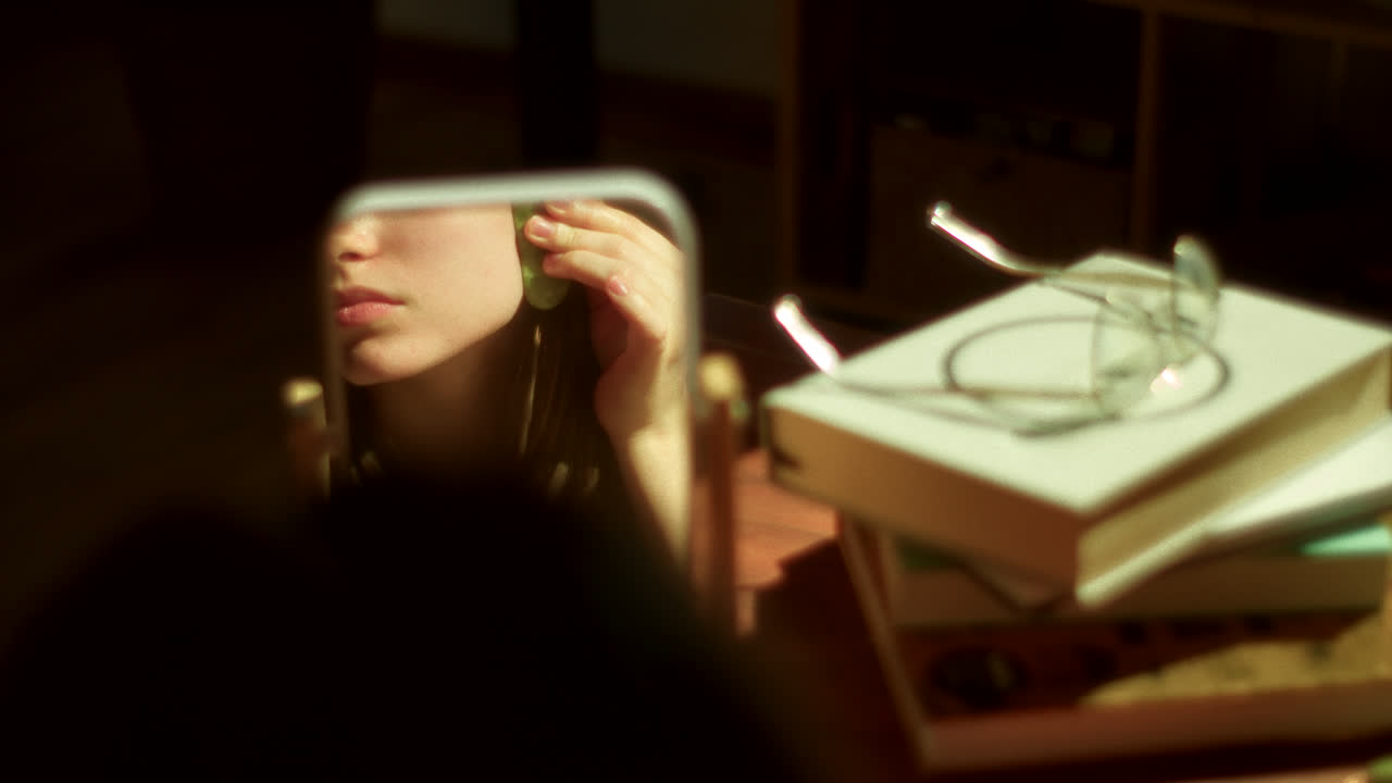 거울 앞 에서 얼굴 마스크 를 착용 하는 여자