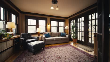 a wide push in shot of a beautiful sun room with a couch and chair next to a large plant with large natural windows letting in sunlight