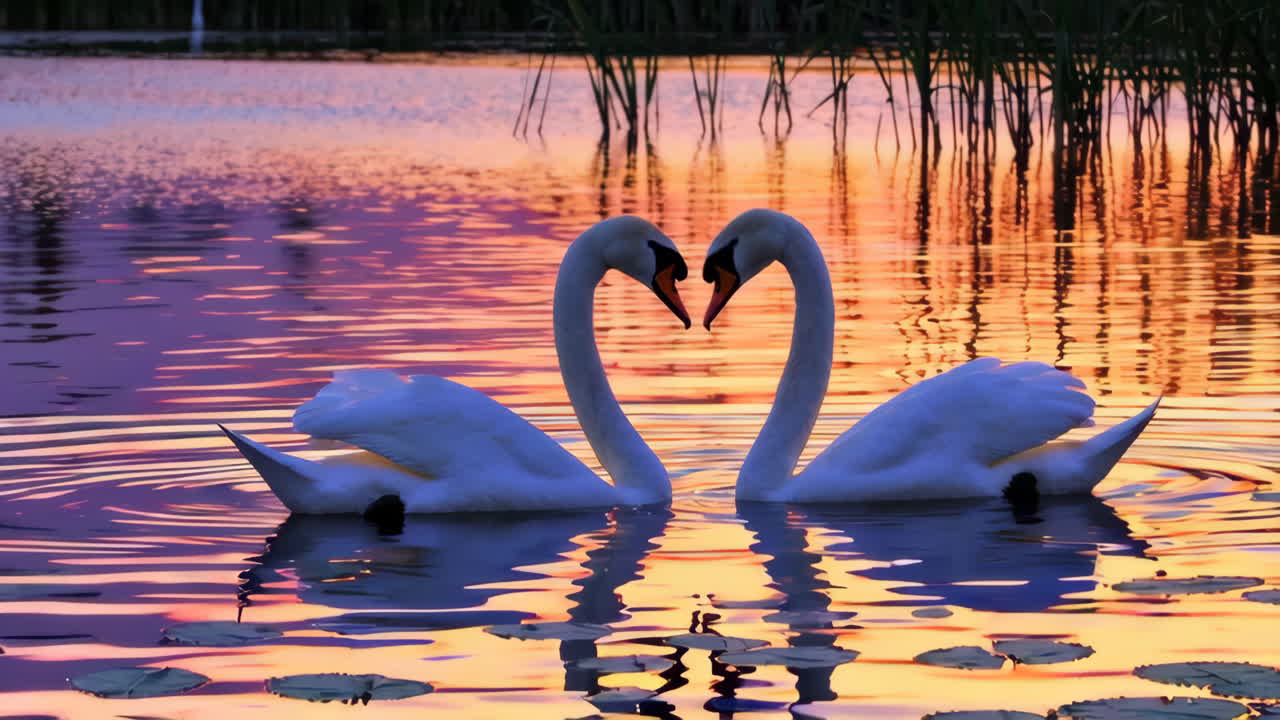 Two Swans in Love at Sunset