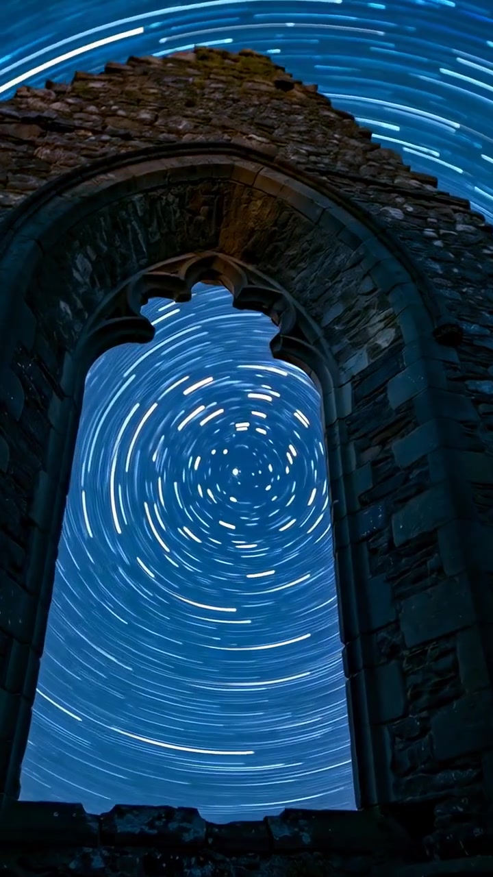 Video verticale: Timer che avvia la registrazione del movimento, scie di stelle che circondano un arco di notte sotto una luce calda.