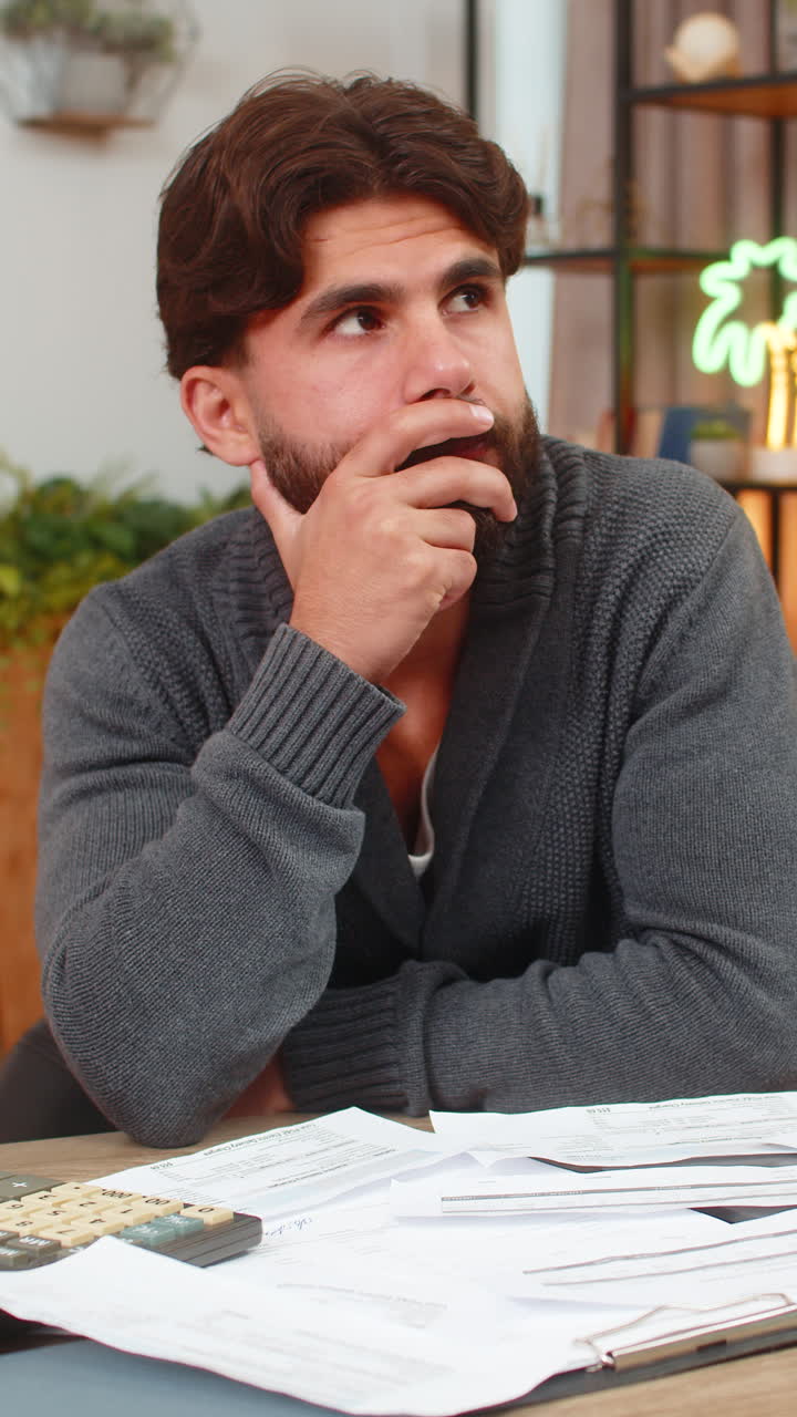 Indian man bends forward head in hands unpaid bills on table calculator and laptop heavy worry money