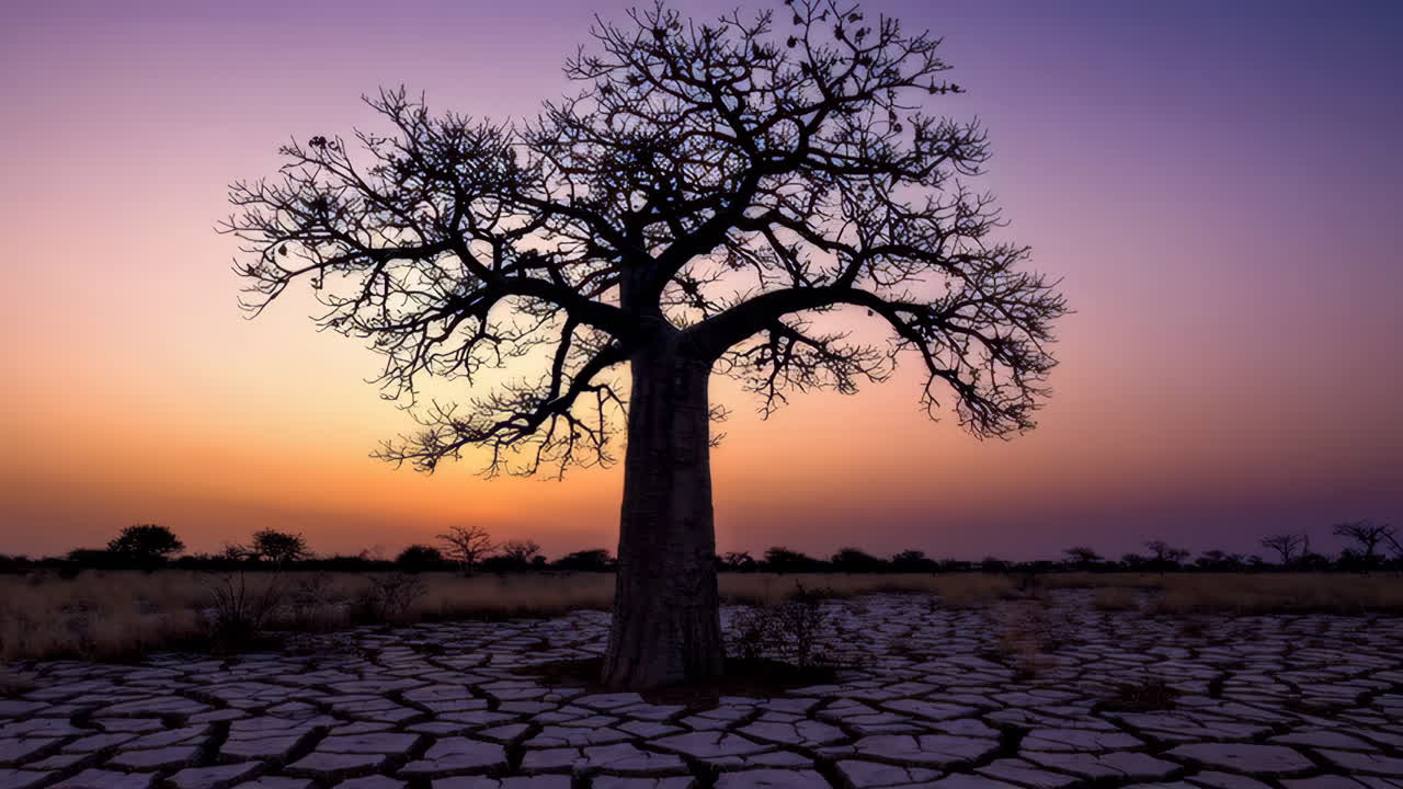 Baobab Tree Silhouette in a Dry Landscape at Sunrise/Sunset