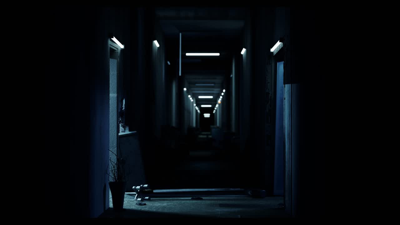 la luz se enciende y apaga por sí misma en el hotel abandonado, escena de terror