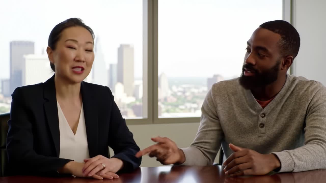 Professionals in an office engage in a conversation about project progress. The city skyline is visible through large windows, enhancing the collaborative atmosphere.
