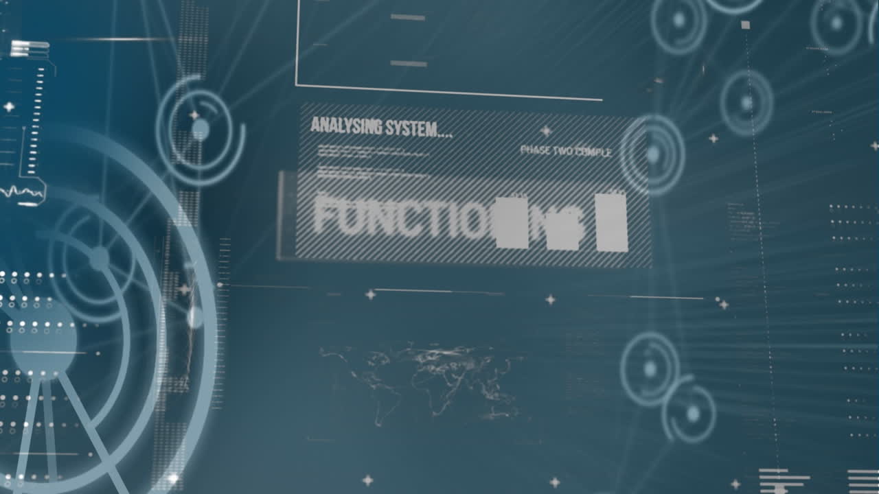 Animation of loading circles, multiple texts, graph, map and lens flare with programming language