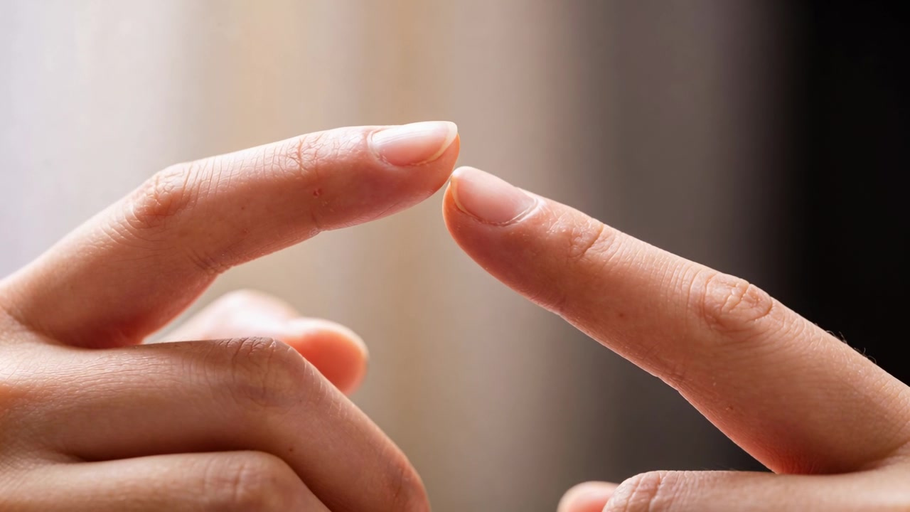 Approaching two index fingertips closing small gap, touching tip-to-tip in softly lit room, curtain