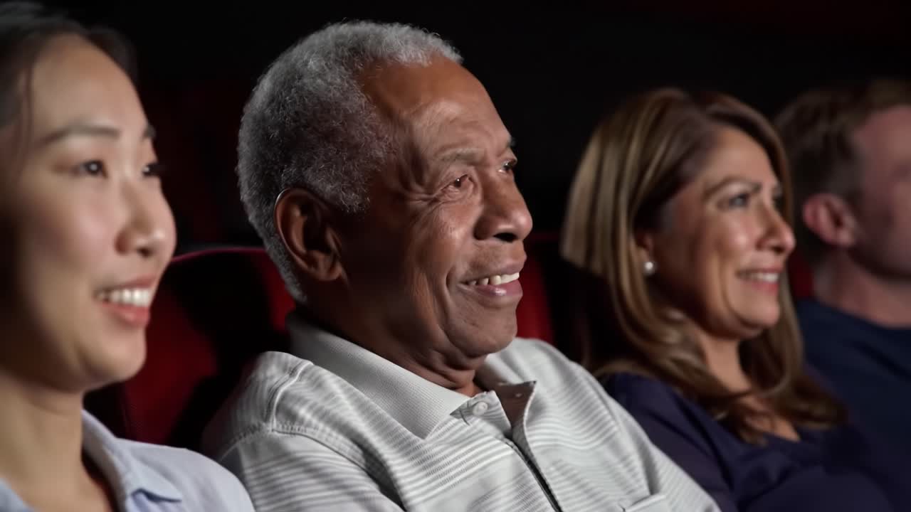 Capturing the Joyful Expressions of a Diverse Audience Watching a Movie in a Theatre, Emphasizing the Emotions of Enjoyment and Anticipation