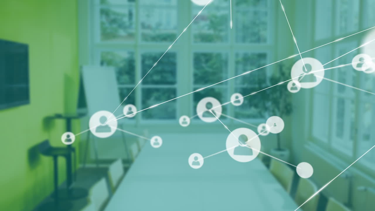 Network of connections and data processing animation over conference room setting