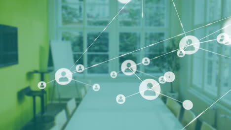 network of connections and data processing animation over conference room setting
