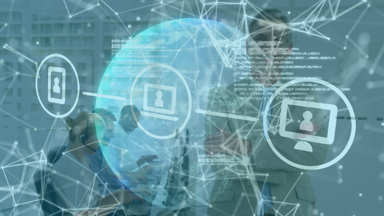 red de conexiones en todo el mundo y trabajadores de oficina caucásicos.