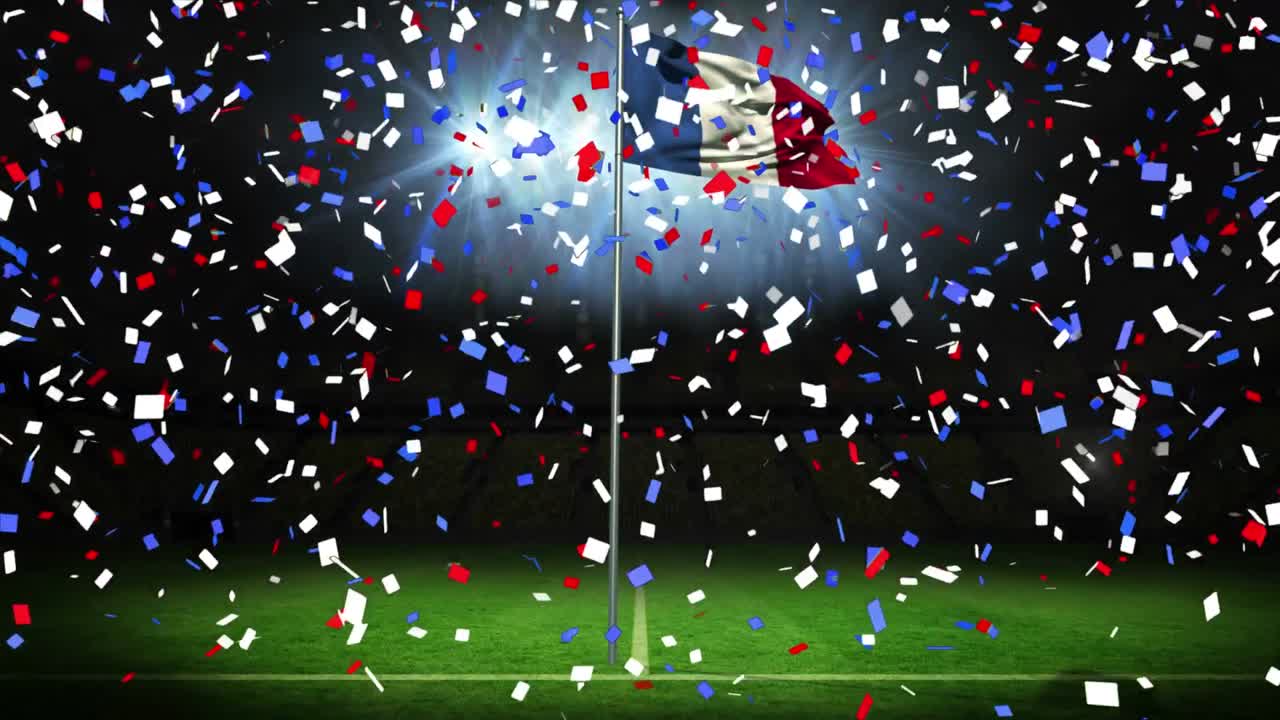 공허한 경기장의 불빛에 맞춰 푸른 땅 위에 떨어지는 콘페티와 프랑스 발의 애니메이션