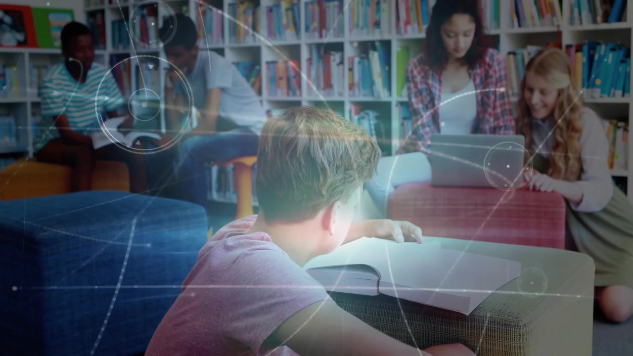Five students flipping texts and typing on laptop in library, activating animated learning overlays