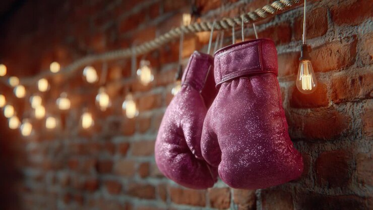 Guantoni da boxe rosa scintillanti appesi a un muro di mattoni rustico con luci ambientali calde, che catturano una miscela unica di sport ed eleganza nella scena