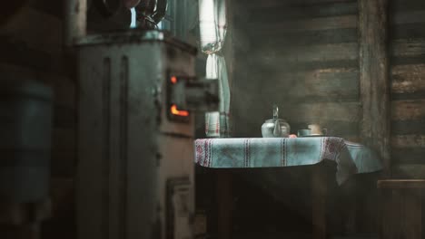 dark interior of retro log house