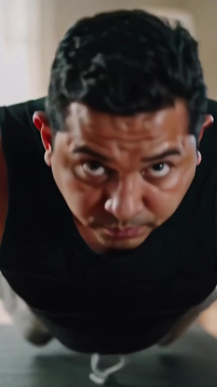 Video vertikal: Pria melakukan push-up mulai dari posisi rendah di rumah untuk kebugaran, dengan matras, kaus tanpa lengan, dan celana pendek