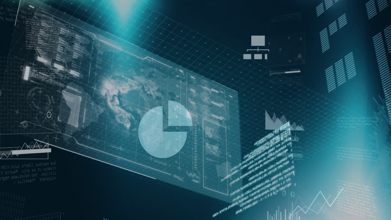 animatie van meerdere iconen over grafieken, aardbol, laadbalken, computertaal op zwarte achtergrond