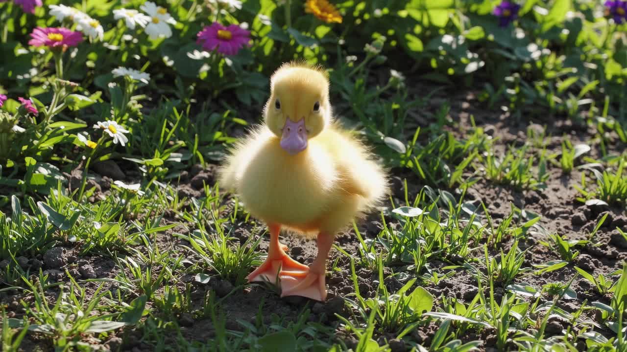 Primer plano en vídeo de un patito suave caminando sobre el césped, rodeado de flores coloridas