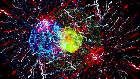 abstract endless explosion of energy spheres with millions of impulses on black background, seamless loop. animation. energetic charges of bright colors