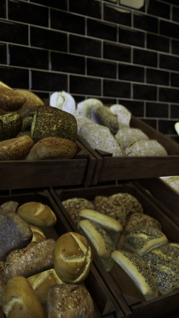Freshly baked artisan bread displayed in rustic wooden baskets